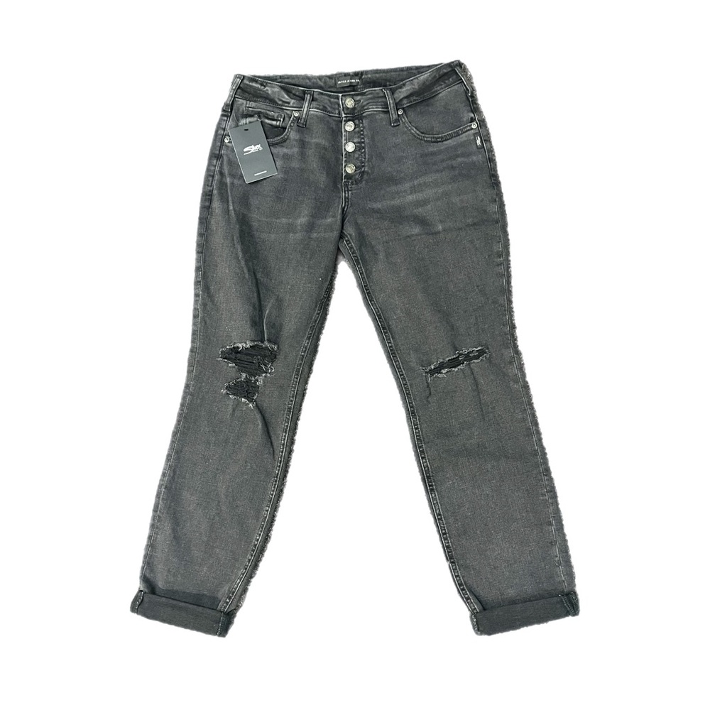 NWT Silver Jeans Boyfriend Midrise Slim Leg Jeans Distressed 32” black